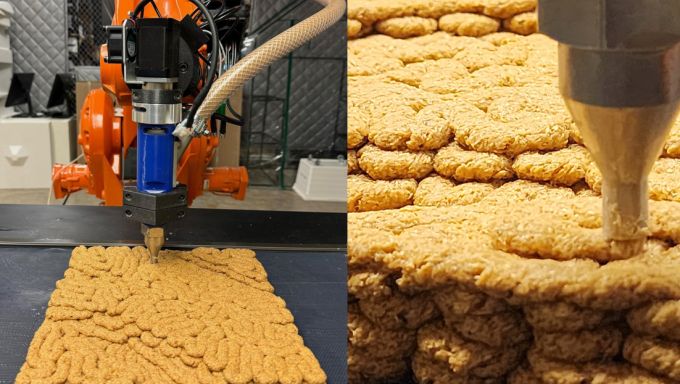 A split screen image of an ABB robot 3D printing mycelium-based composites at left and a close-up view of the extrusion nozzle while printing at right.