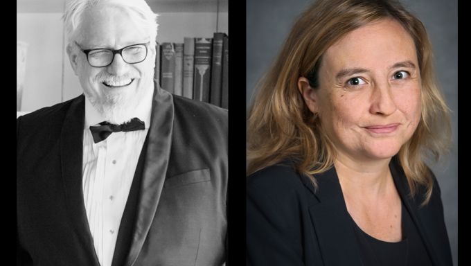 Black and white image of Hannes Famira at left and Luisa Caldas at right.