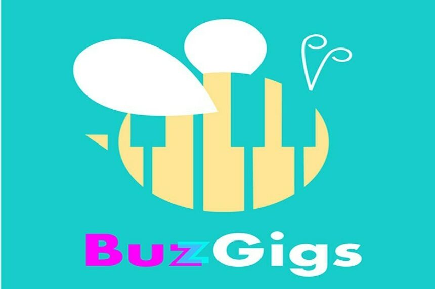 vibrant pastel-colored graphic of a bee whose body is a piano keyboard and below the graphic is the company name buzgigs