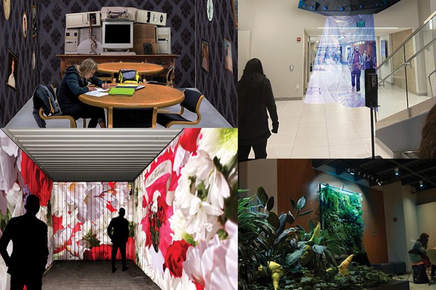 Four student designs of immersive experiences on display in the Penn State Libraries.