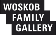 White text that reads Woskob Family Gallery on staggered black bars
