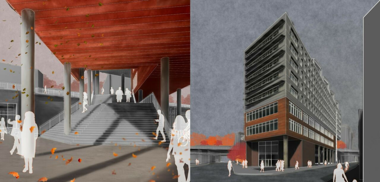 Split screen of an entrance way to a building at left and the building itself at right.