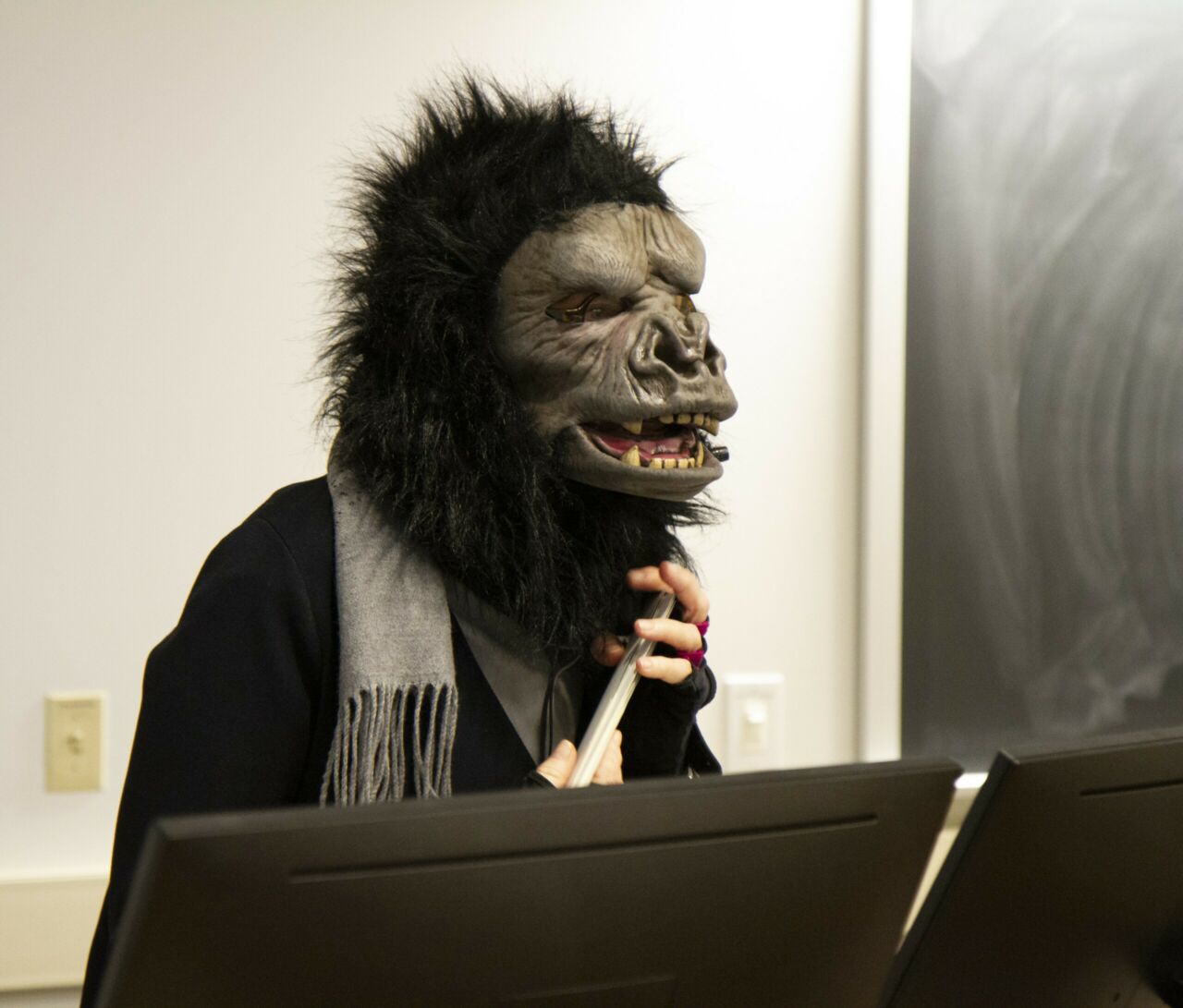 Masked Guerrilla Girl giving lecture