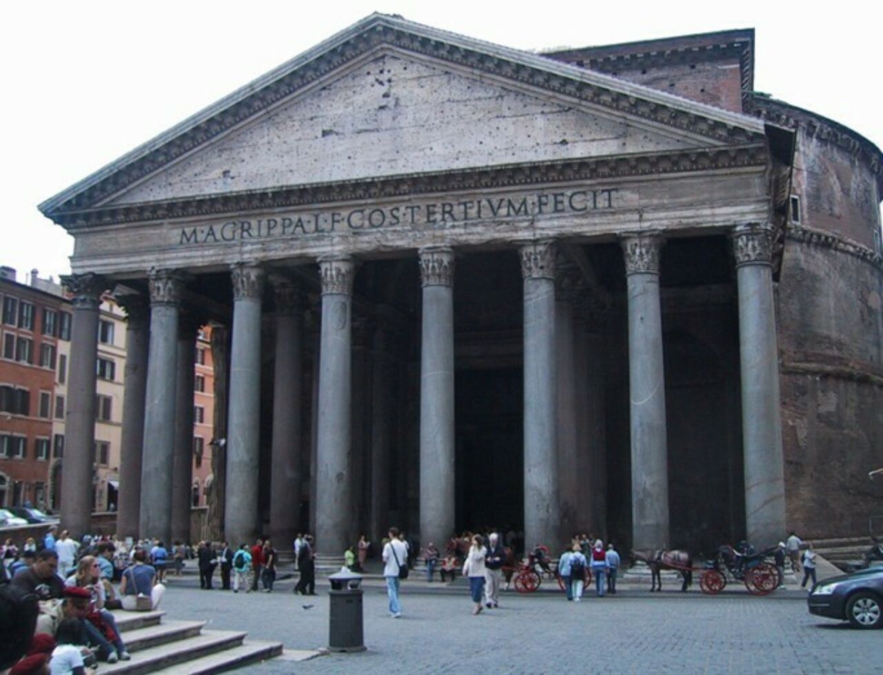 Students gathered on the street in front of the Pantheon in Rome, Italy.