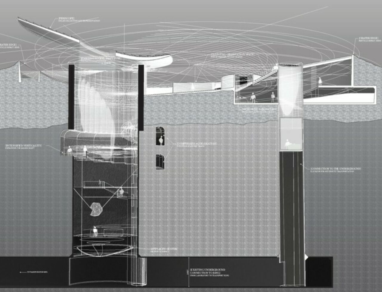 Complex grayscale architectural design section by MS in Architecture student.