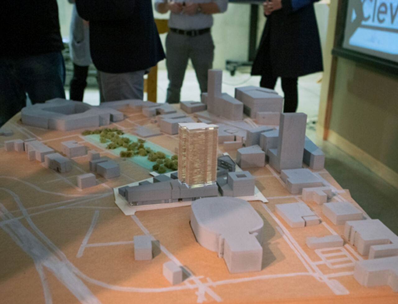 Cleveland Studio Review event showcasing a table mockup of buildings and landscape architecture.