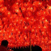 Hundreds of red lanterns overhead in the Doseonsa temple in Seoul, South Korea.