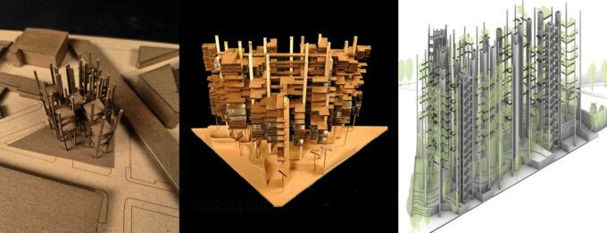 Three images of a wooden architectural model: far left, from above; middle, up close; and far right, as a rendering.