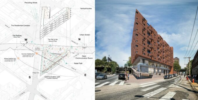 Split screen images of a building diagram at left and the digital architectural rendering at right.