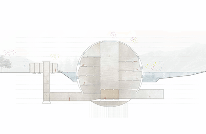 Watercolor rendering of an elevation/section cut of a round building.