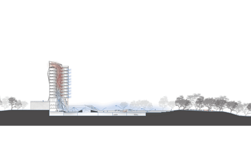 architectural computer-aided design rendering of a building and landscape