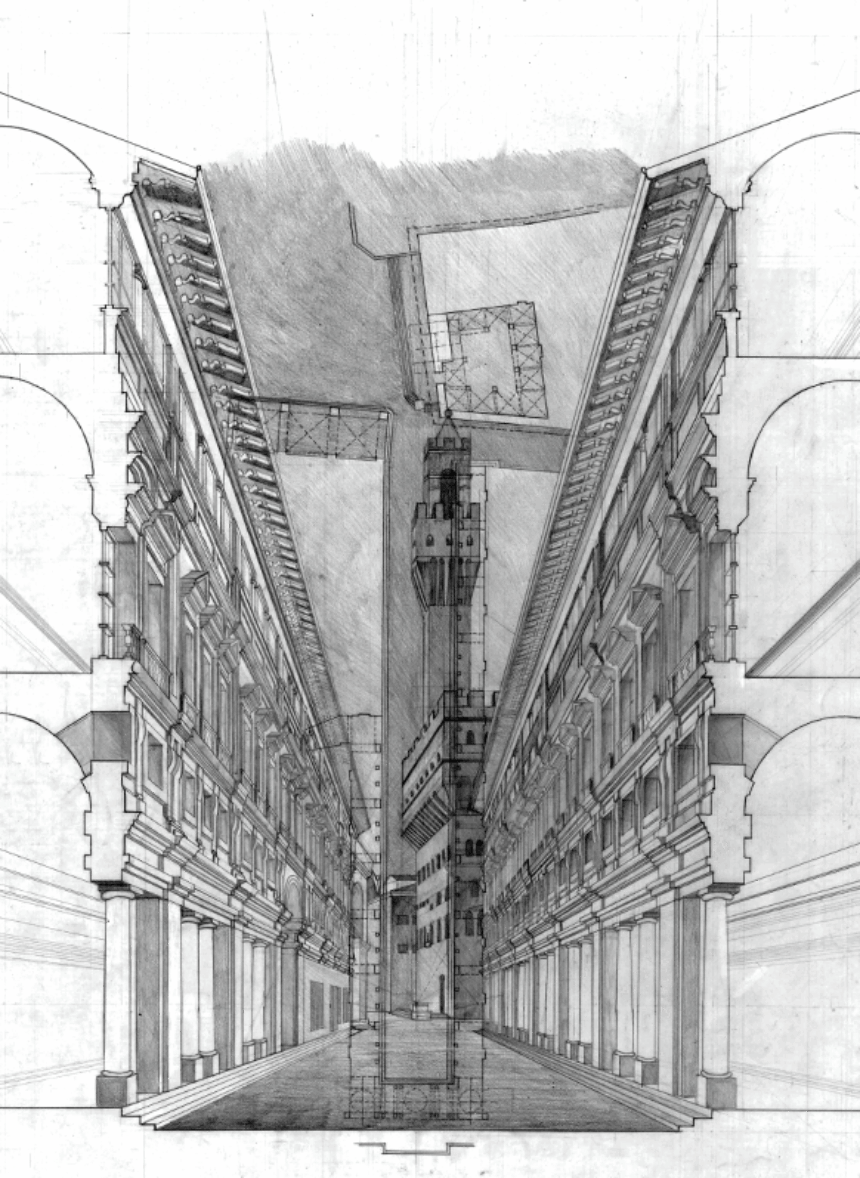 black and white architectural rendering of the inside of a building