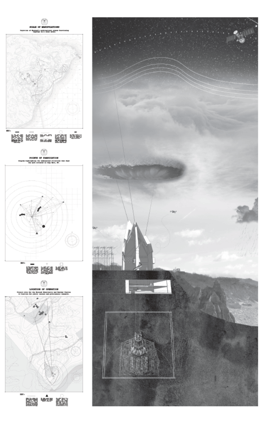 architectural computer-assisted design rendering of a building on the side of a cliff with a satellite hovering above it