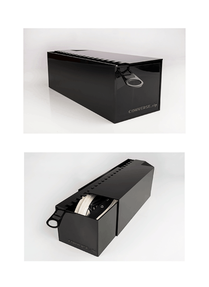 Converse Chuck 70. A packaging design made of metal black box, die-cut. There are two views shown: open and closed. The opening is inspired by the zipper.