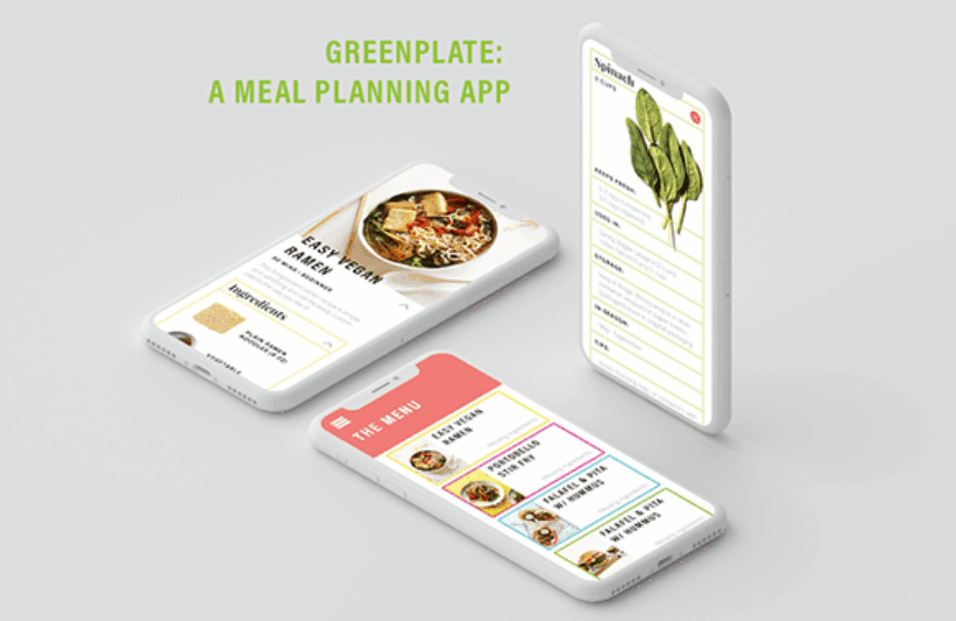 Three images of cell phone app interface designs. Greenplate: A meal Planning App.