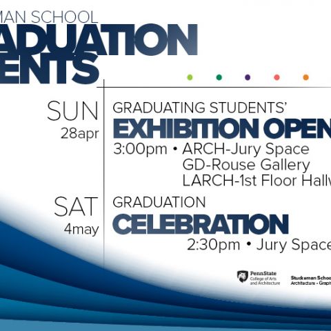 A blue and white promotional poster for Stuckeman School graduation events.