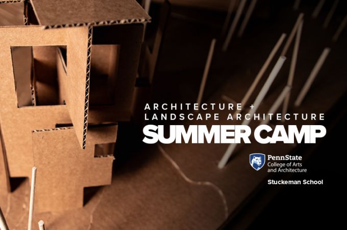 Close up of an architectural model made of cardboard with white Summer Camp promotional text atop.