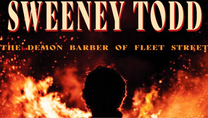 Flames with the silhouette of Sweeney in the foreground. Show title above his head.