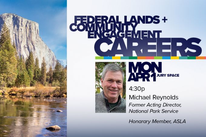 Event poster featuring a lake and a photograph of Mike Reynolds for his lecture "Federal Lands + Community Engagement Careers."