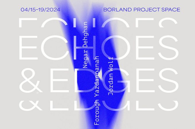 A blue, gray and white poster for the "Echoes & Edges" exhibition.
