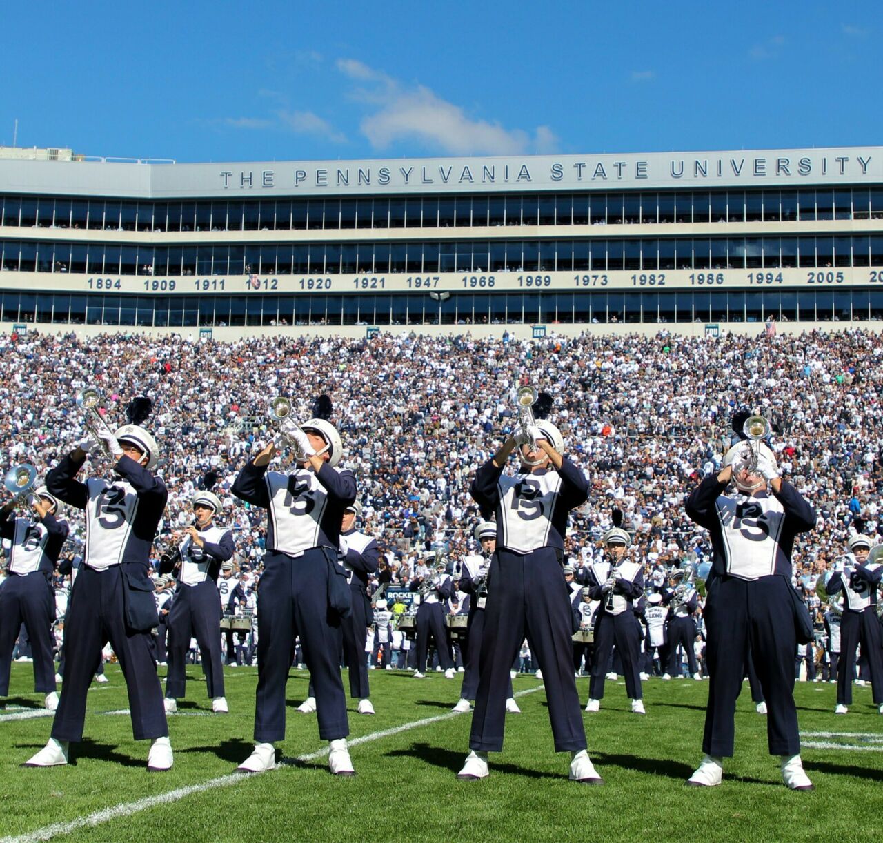 The blue band performing during halftime for Penn State Homecoming.