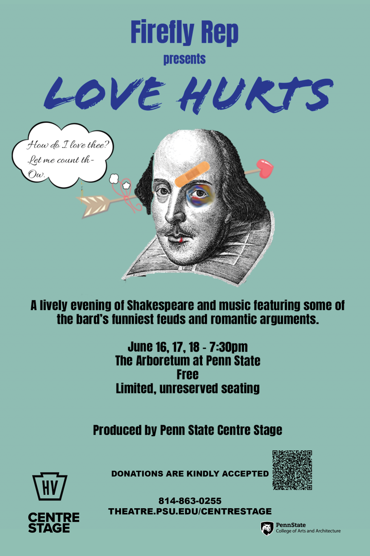 "Love Hurts" theatre poster featuring an illustration of Shakespeare's head with a bandage on the forehead and an arrow through his head. Text includes, "A lively evening of Shakespeare and music featuring some of the bard's funniest feuds and romantic arguments."