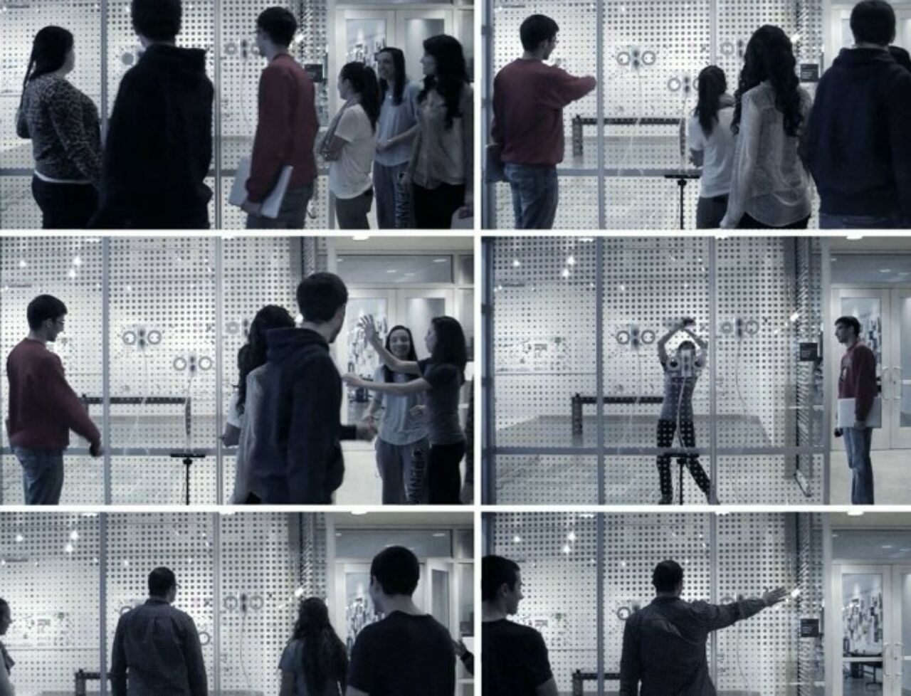 Grid of six images showing groups of students engaging with "Iris Machine" interactive installation mounted on glass wall