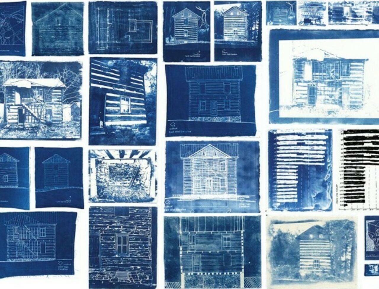 Collection of 20 blue-colored log cabin drawings and photos; part of a student thesis study.