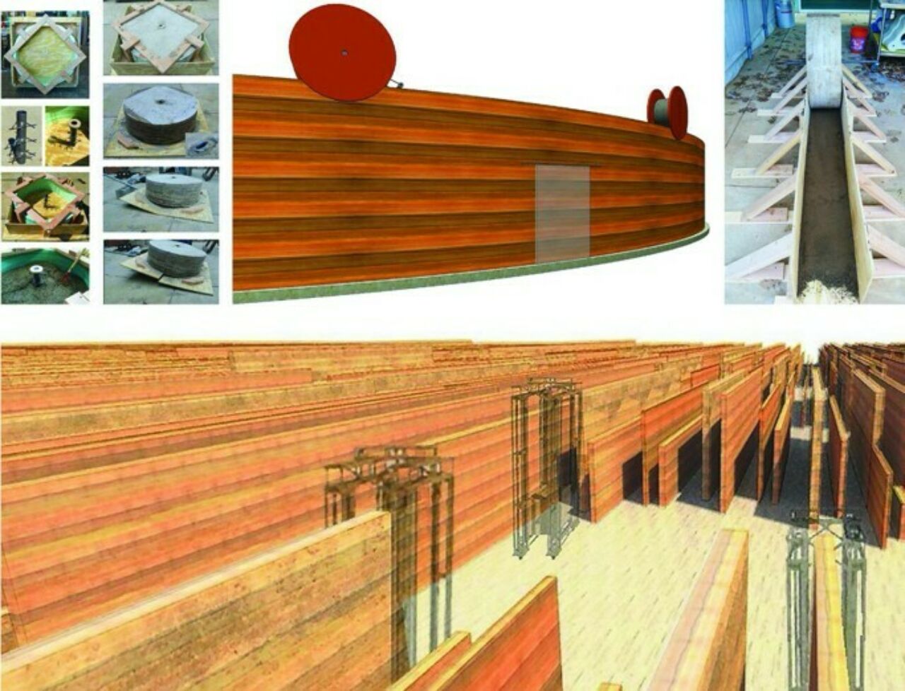 A group of images of rammed earth fabrication process and tooling, plus finished design architectural renderings.