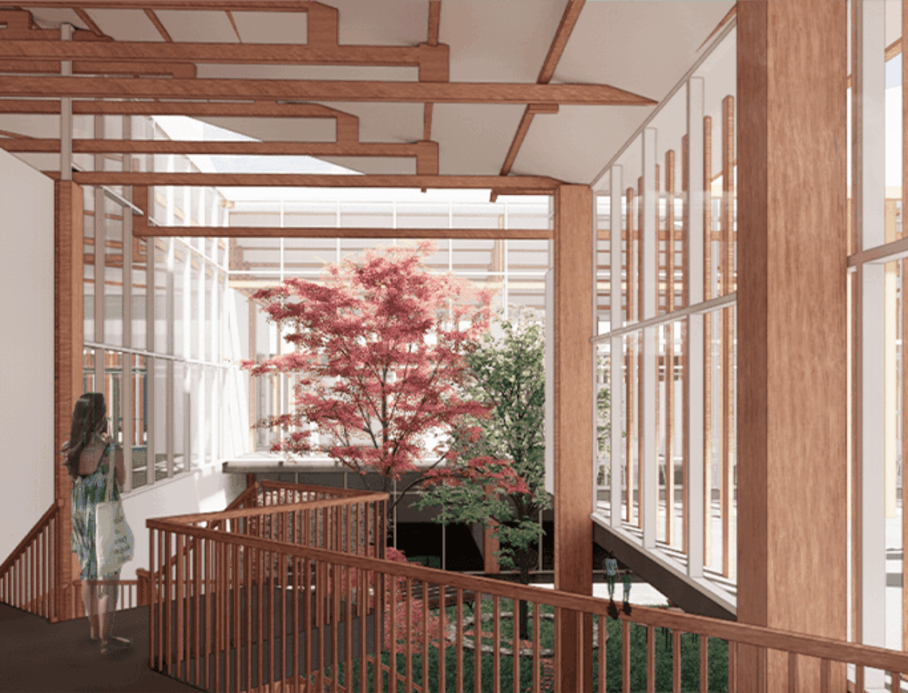 An architectural rendering of the inside of a cultural center with a blooming cherry blossom tree in the courtyard.