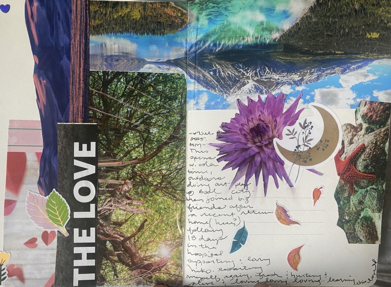 A paper collage of nature landscapes, floral motifs, a crescent moon, writing, and text that says "The Love."