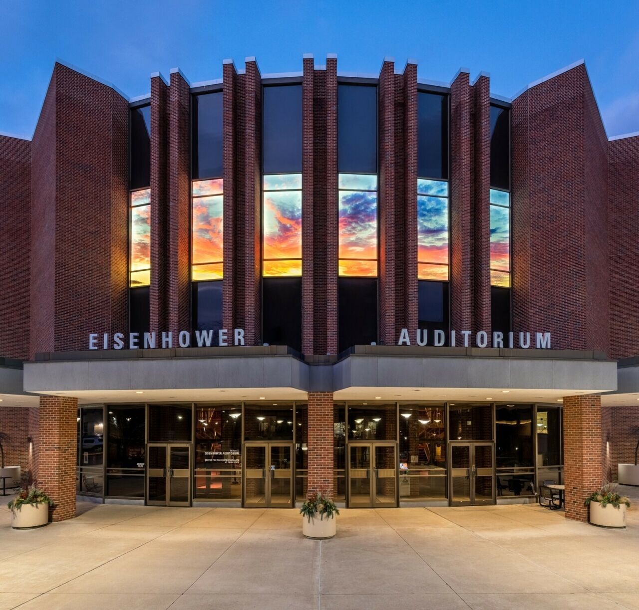 Exterior of Eisenhower Auditorium at evening
