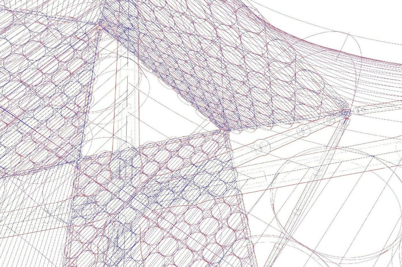 Computer wireframe graphic showing orbital pattern definition of fufuzela (skeleton-skin) multi-speciation, by DK Osseo-Asare & Yasmine Abbas.