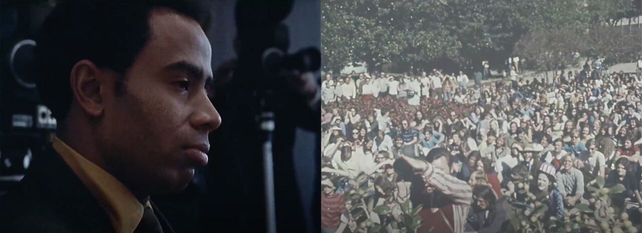 Split screen photo of a man on the left and a crowd on the right