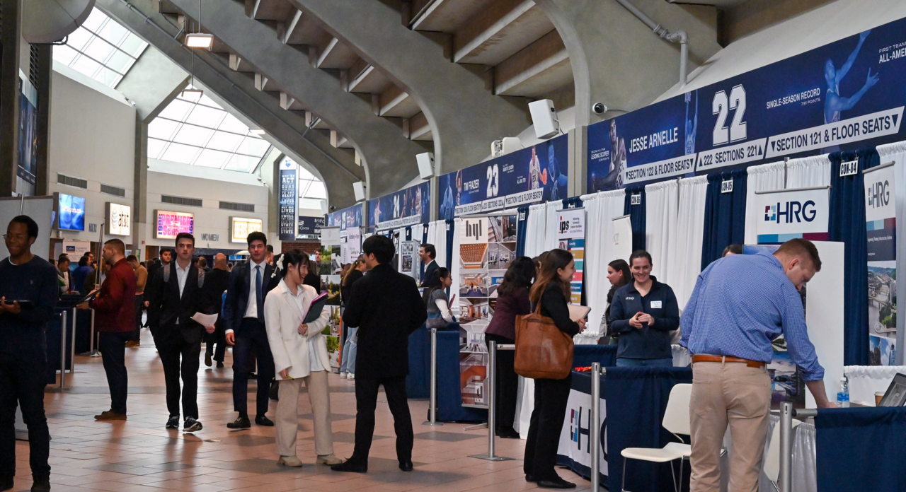 A wide view of Stuckeman School students and design firms at the 2024 Career Day in the Bryce Jordan Center.