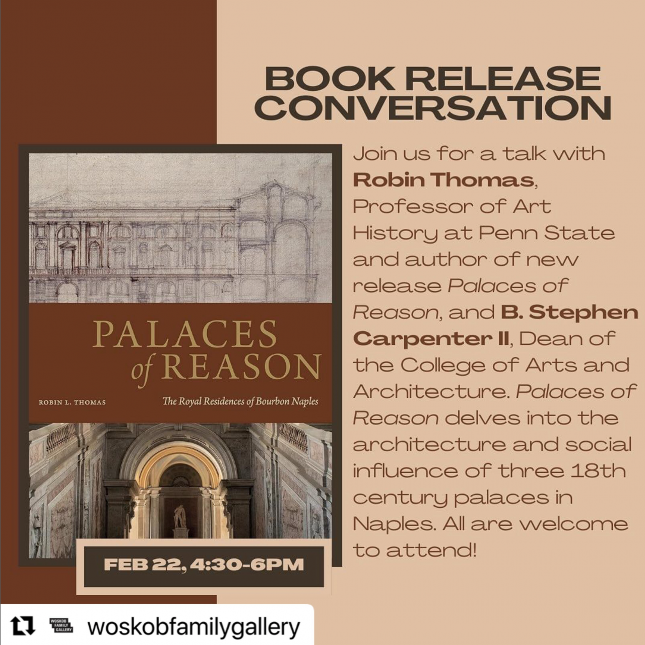 Square flyer for upcoming book release conversation event, to promote Professor Robin Thomas' new release.