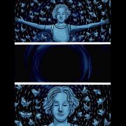 Composite image of a three-part illustration; (top) a person with their arms outstretched, with many moths flying around them in the background. Middle: Blue circular streaks around a black void. Bottom: A close-up of the top image individual with their eyes closed, with moths in the background.