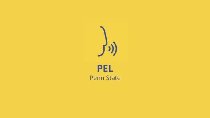 Blue "PEL Penn State" text with icon of a side profile of a head with sound waves against a yellow background.