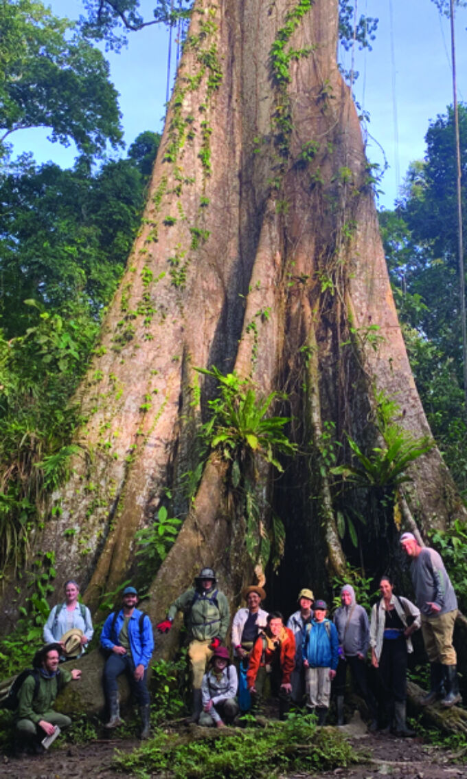 Students grouped at the base of a towering tree in the Amazon jungle near Claverito, Peru.