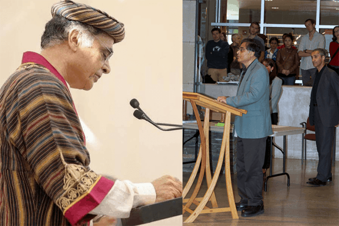 Split screen of Jawaid Haider in regalia and at a podium in the Stuckeman Family Building Jury Space.