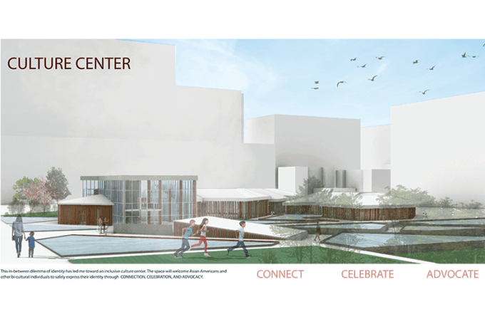 An architectural rendering of a cultural center with children running in the foreground and the words Connect, Celebrate, and Advocate at the bottom.