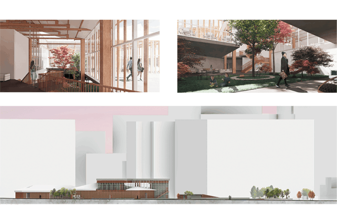 Three views of an architectural rending of a cultural center.