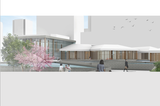 Architectural rendering of a cultural center with children playing outside, a parents and child holding hands while walking together, and some other figures in the background.