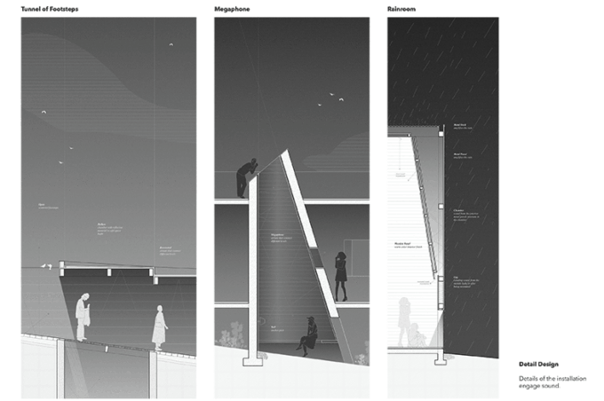 Three side-by-side renderings of an architectural project showing the detailed design features.