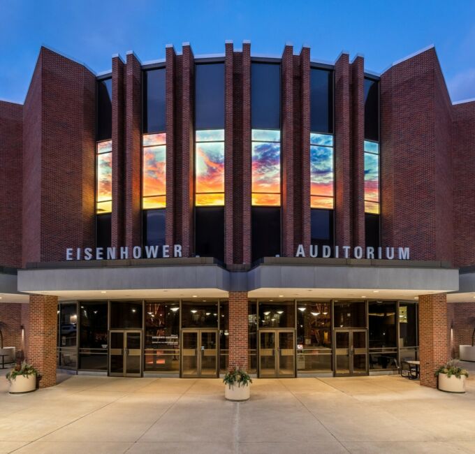 Exterior of Eisenhower Auditorium at evening