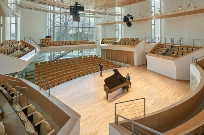 Overhead view of grand piano on Esber Recital Hall stage.