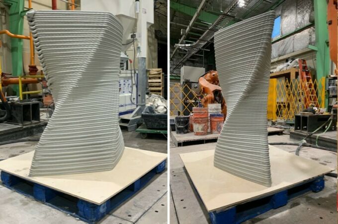 Two views of highly articulated, curving concrete form 3d-printed by specialized industrial CNC robot.