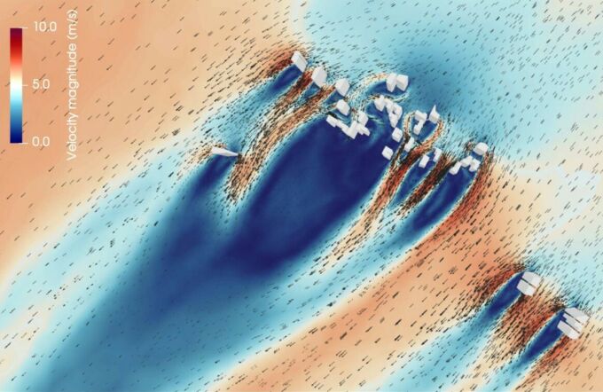 An aerial view of a horizontal cross section rendering of wind stimulation.
