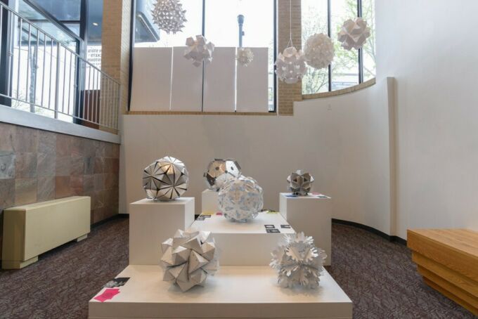A set of geometric ball sculptures on display in the Woskob's alcove.