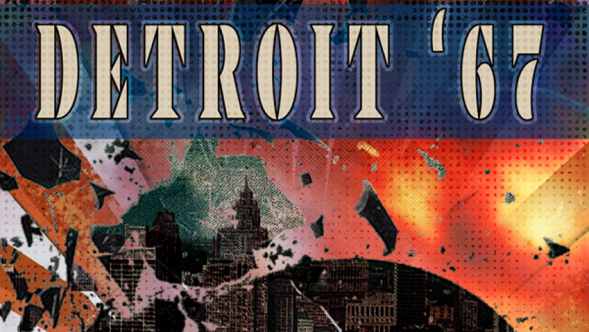 "Detroit '67" play graphic with wording overlaid on an abstract illustrated skyline of Detroit